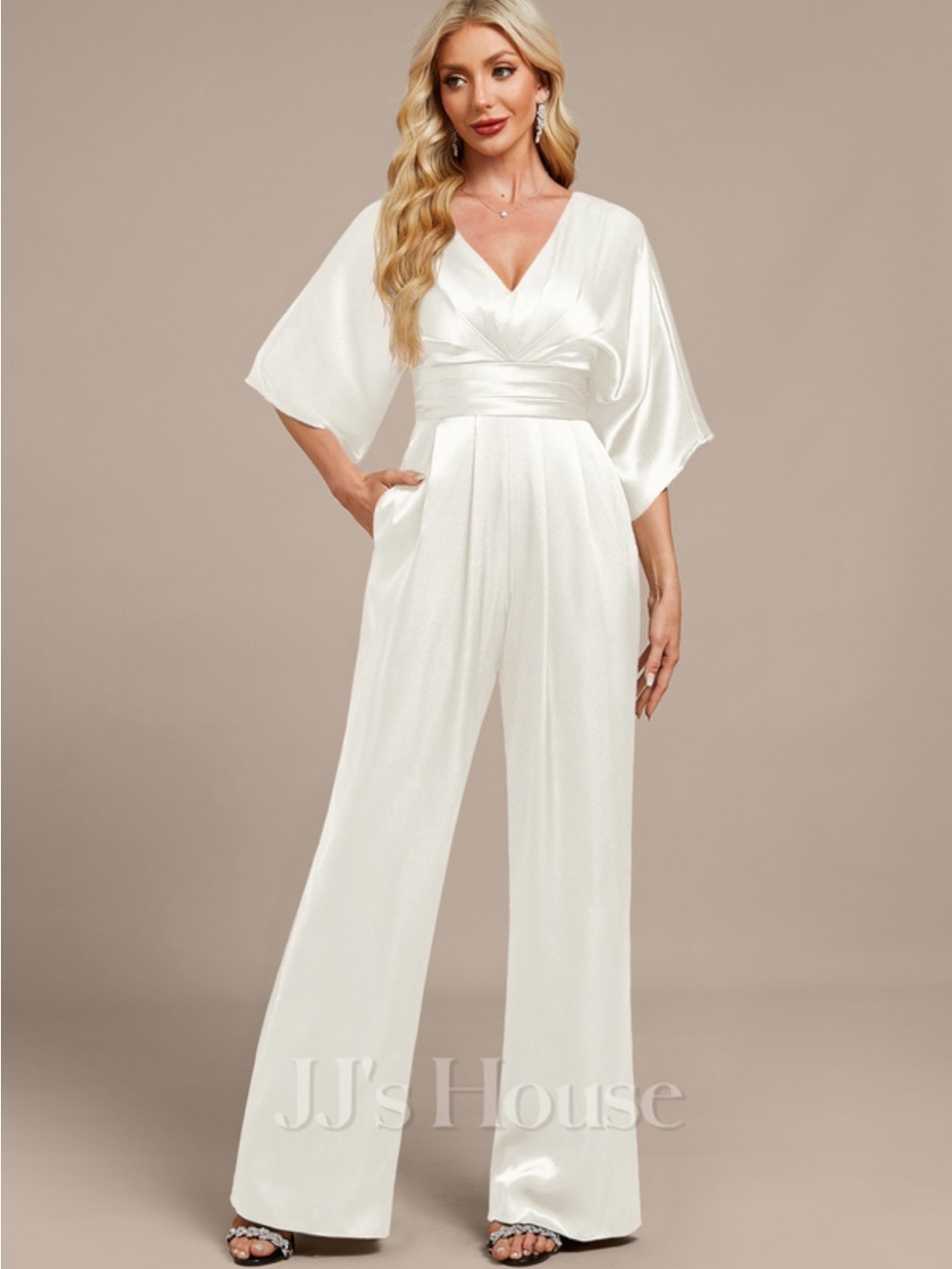 Ivory Pleated Stretch Satin Jumpsuit